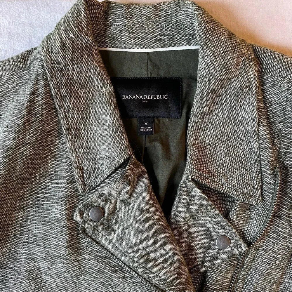 Banana Republic Jacket Women 8 Rifle Green Linen Blend Moto Long Sleeve